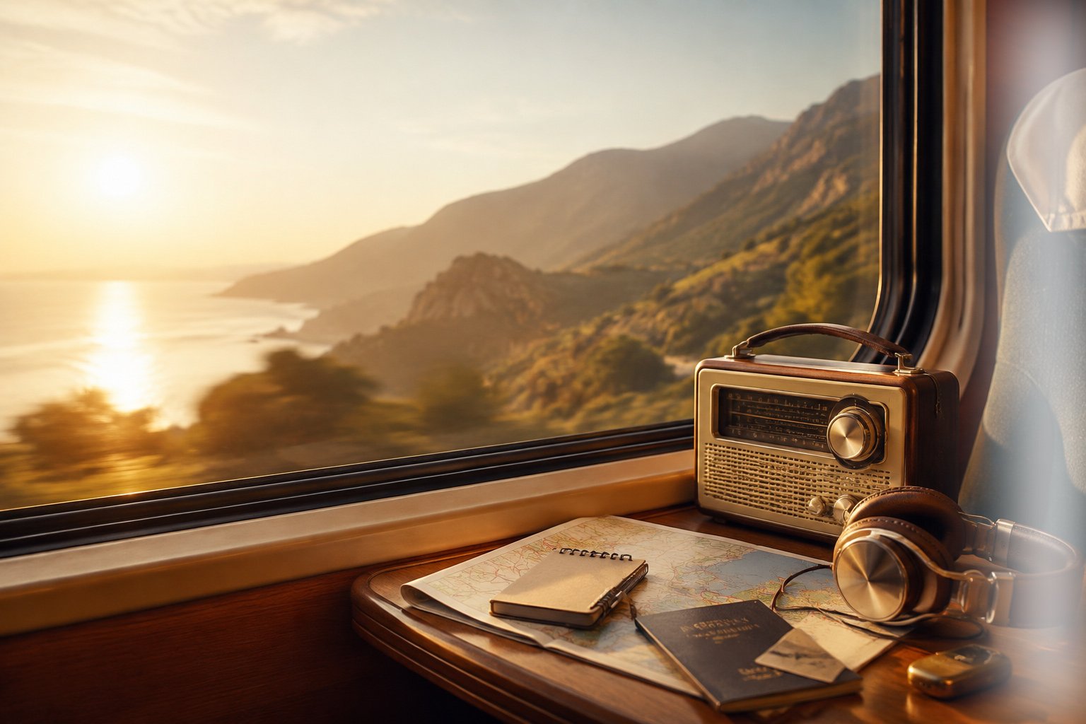 A sunset train journey with a radio, headphones and travel notes on the table